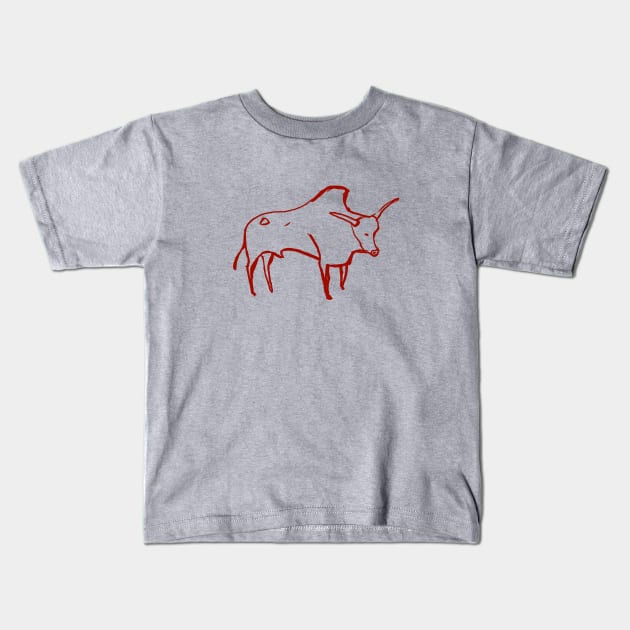 Cave line art of Aurochs in red ink Kids T-Shirt by croquis design